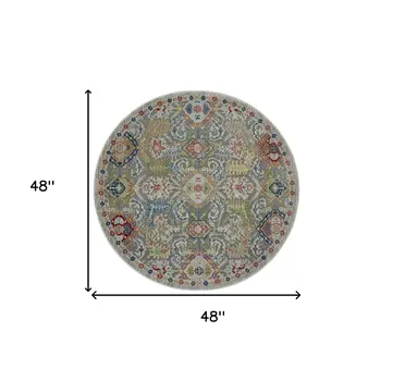 4' Ivory and Gray Floral Distressed Non Skid Round Rug