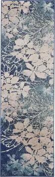 7' Navy Blue and Ivory Floral Runner Rug