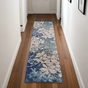 7' Navy Blue and Ivory Floral Runner Rug