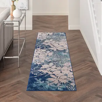 7' Navy Blue and Ivory Floral Runner Rug