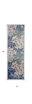 7' Navy Blue and Ivory Floral Runner Rug
