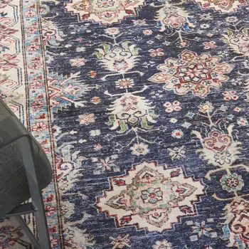 8' X 10' Ivory and Blue Floral Medallion Distressed Non Skid Area Rug