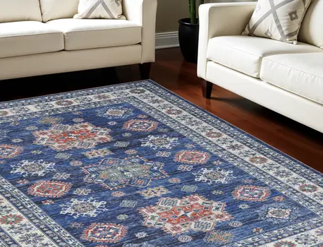 8' X 10' Ivory and Blue Floral Medallion Distressed Non Skid Area Rug