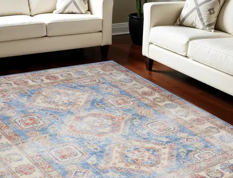 8' X 10' Ivory Red and Blue Medallion Distressed Non Skid Area Rug