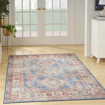8' X 10' Ivory Red and Blue Medallion Distressed Non Skid Area Rug