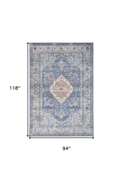 8' X 10' Ivory Red and Blue Floral Distressed Non Skid Area Rug