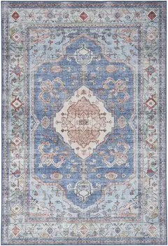 8' X 10' Ivory Red and Blue Floral Distressed Non Skid Area Rug