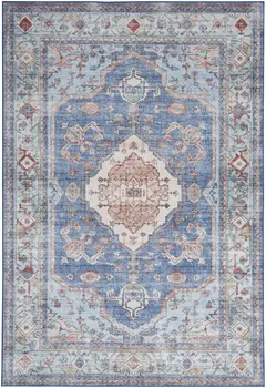 8' X 10' Ivory Red and Blue Floral Distressed Non Skid Area Rug