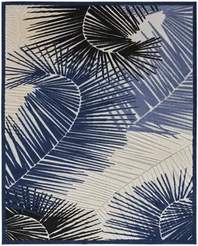 8' X 10' Navy Blue Ivory And Black Palm Leaf Indoor Outdoor Area Rug