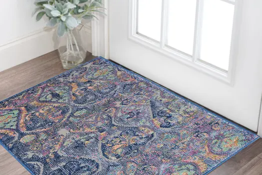 2' X 4' Blue and Yellow Trellis Distressed Non Skid Area Rug