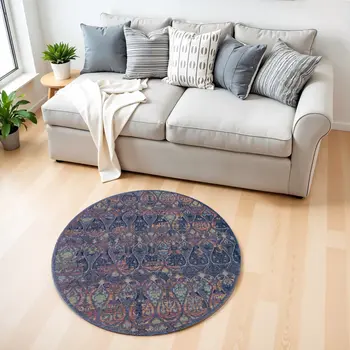 4' Blue and Yellow Trellis Distressed Non Skid Round Rug
