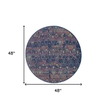 4' Blue and Yellow Trellis Distressed Non Skid Round Rug