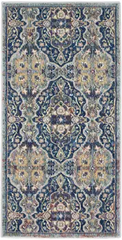 2' X 4' Blue and Yellow Floral Distressed Non Skid Area Rug