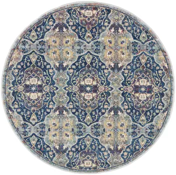 4' Blue and Yellow Floral Distressed Non Skid Round Rug