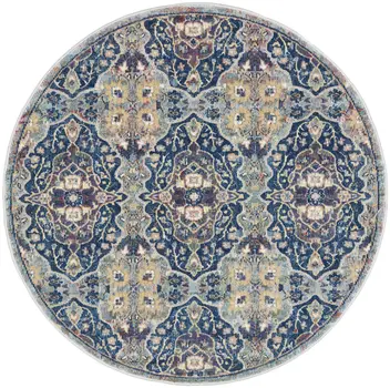 4' Blue and Yellow Floral Distressed Non Skid Round Rug
