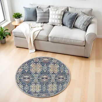 4' Blue and Yellow Floral Distressed Non Skid Round Rug