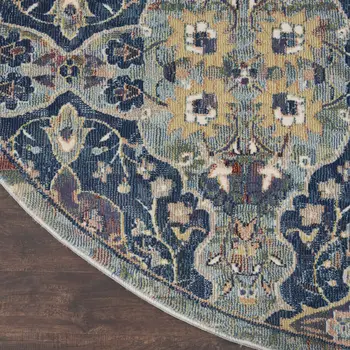 4' Blue and Yellow Floral Distressed Non Skid Round Rug