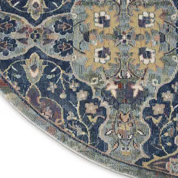 4' Blue and Yellow Floral Distressed Non Skid Round Rug
