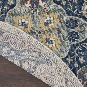 4' Blue and Yellow Floral Distressed Non Skid Round Rug