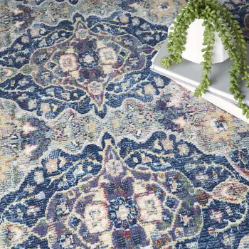 4' Blue and Yellow Floral Distressed Non Skid Round Rug