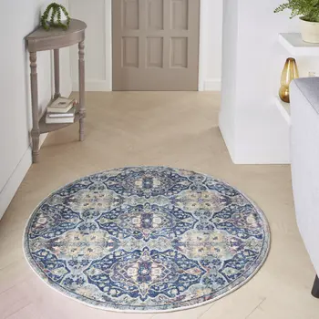 4' Blue and Yellow Floral Distressed Non Skid Round Rug