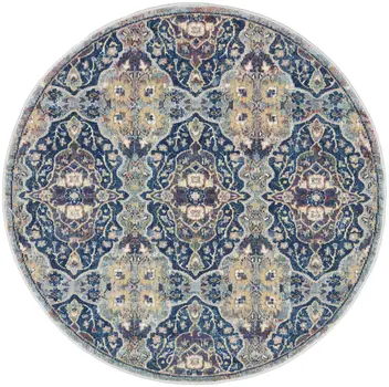 4' Blue and Yellow Floral Distressed Non Skid Round Rug