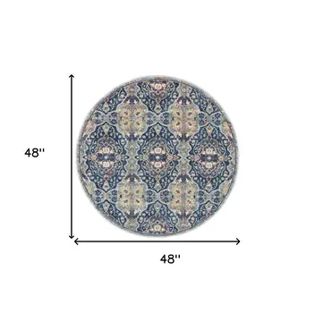 4' Blue and Yellow Floral Distressed Non Skid Round Rug