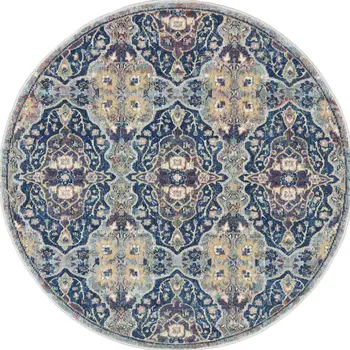 4' Blue and Yellow Floral Distressed Non Skid Round Rug