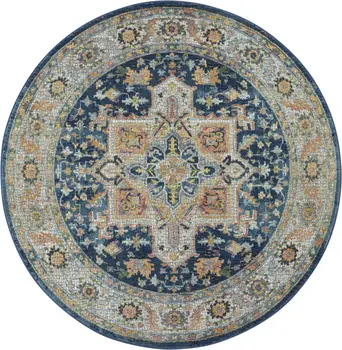 4' Ivory Blue and Yellow Floral Medallion Distressed Non Skid Round Rug