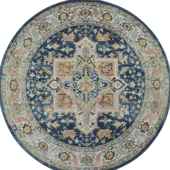 4' Ivory Blue and Yellow Floral Medallion Distressed Non Skid Round Rug
