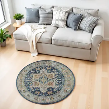 4' Ivory Blue and Yellow Floral Medallion Distressed Non Skid Round Rug