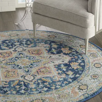 4' Ivory Blue and Yellow Floral Medallion Distressed Non Skid Round Rug