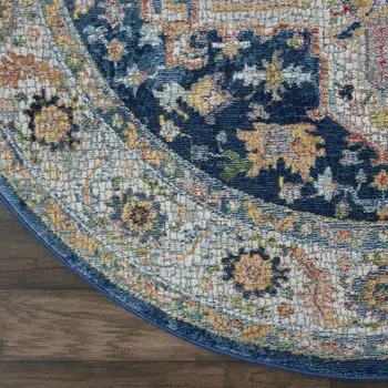 4' Ivory Blue and Yellow Floral Medallion Distressed Non Skid Round Rug