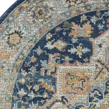 4' Ivory Blue and Yellow Floral Medallion Distressed Non Skid Round Rug