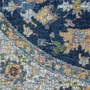 4' Ivory Blue and Yellow Floral Medallion Distressed Non Skid Round Rug