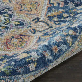 4' Ivory Blue and Yellow Floral Medallion Distressed Non Skid Round Rug