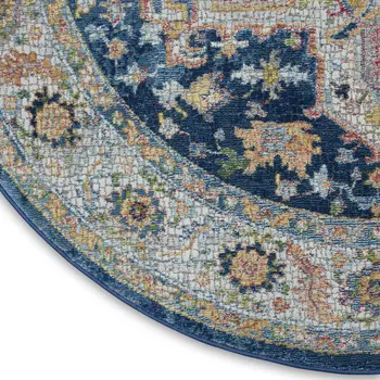 4' Ivory Blue and Yellow Floral Medallion Distressed Non Skid Round Rug
