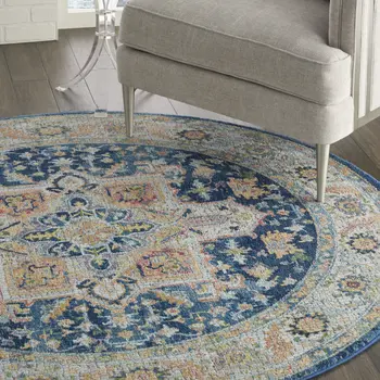 4' Ivory Blue and Yellow Floral Medallion Distressed Non Skid Round Rug