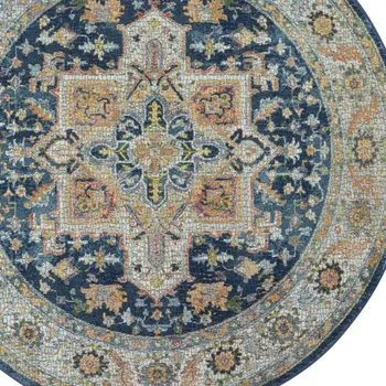 4' Ivory Blue and Yellow Floral Medallion Distressed Non Skid Round Rug