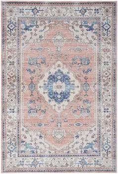 8' X 10' Coral and Beige Floral Medallion Distressed Non Skid Area Rug