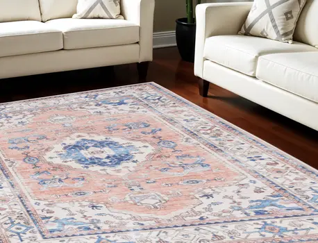 8' X 10' Coral and Beige Floral Medallion Distressed Non Skid Area Rug