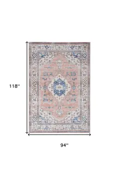 8' X 10' Coral and Beige Floral Medallion Distressed Non Skid Area Rug