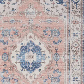 8' X 10' Coral and Beige Floral Medallion Distressed Non Skid Area Rug