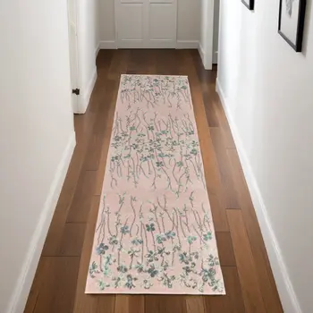7' Pink Gray and Blue Floral Vines Runner Rug