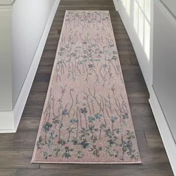 7' Pink Gray and Blue Floral Vines Runner Rug