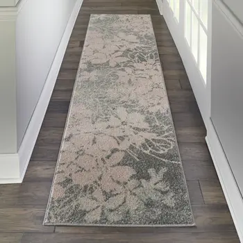 7' Gray And Pink Floral Runner Rug