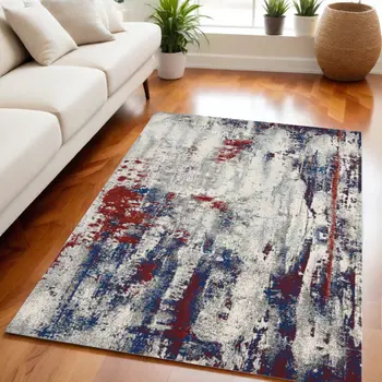 5' X 7' Ivory Red and Blue Abstract Non Skid Area Rug