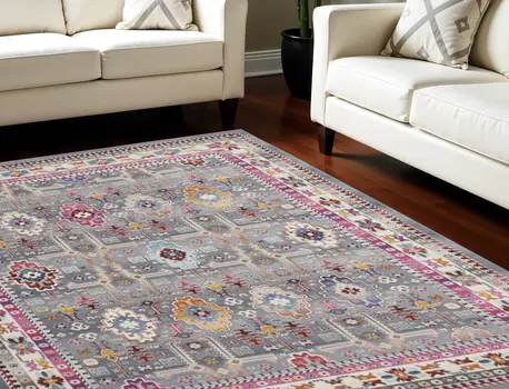 8' X 10' Ivory Pink And Gray Floral Distressed Non Skid Area Rug