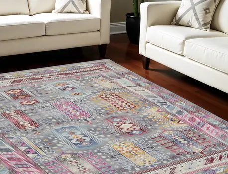 8' X 10' Ivory Gray And Red Floral Distressed Non Skid Area Rug