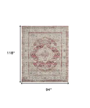 8' X 10' Ivory Red And Brown Floral Distressed Non Skid Area Rug